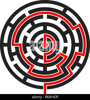 Round maze with red path to center Stock Vector