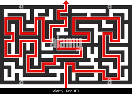 Maze with red path. Top view Stock Vector