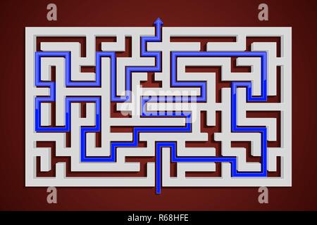 Square maze with blue path to center. On red background Stock Vector
