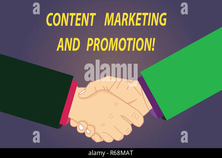 Text sign showing Content Marketing And Promotion. Conceptual photo Online social media modern advertising Hu analysis Shaking Hands on Agreement Gree Stock Photo