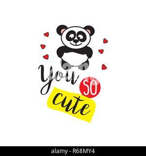 Little panda and phrase- you so cute,isolated on white background,doodle vector illustration Stock Vector
