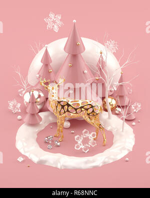 Rose Gold Christmas illustration with golden deer decorated Christmas trees and snowflakes. Stock Photo