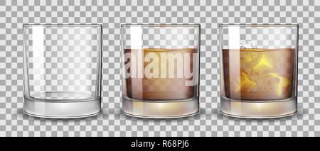 Set of whiskey, rum, bourbon or cognac glasses with Alcohol and without. Transparent Alcohol glasses Drink in a realistic style. Vector 3d Stock Vector