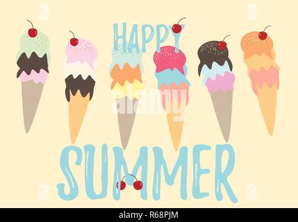 Ice cream happy summer vector card template in pastel colors on a soft orange background Stock Vector
