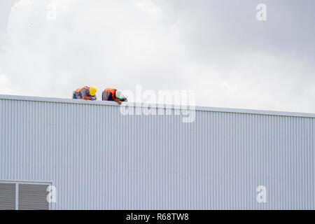 Construction workers on the roof of the building. Stock Photo