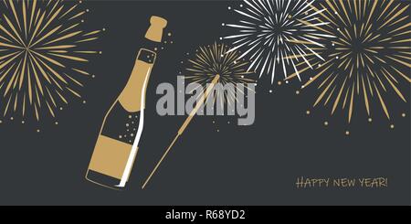 happy new year greeting card with firework champagne and party sparkler vector illustration EPS10 Stock Vector