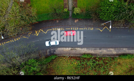 Aerial view of a school keep clear road sign in the UK Stock Photo