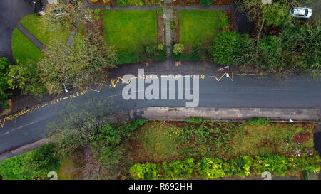 Aerial view of a school keep clear road sign in the UK Stock Photo