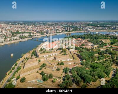 Aerial view of Petrovaradin Novi Sad fortress from the Austria Turkish times in Serbia former Yugoslavia along the Danube river Stock Photo