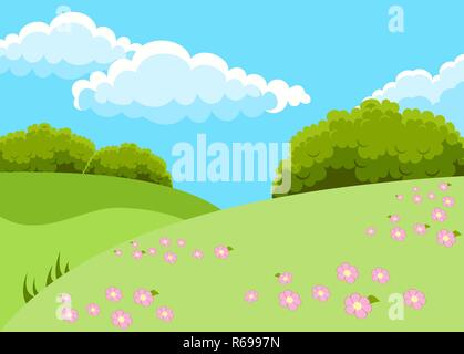 Vector illustration of beautiful fields landscape with a dawn, green hills, bright color blue sky and pink flowers, background in cartoon style. Stock Vector