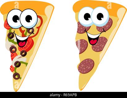 Slice of fresh italian classic original Pepperoni Pizza and mushroom pizza isolated on white background. Funny cartoon character. Stock Vector