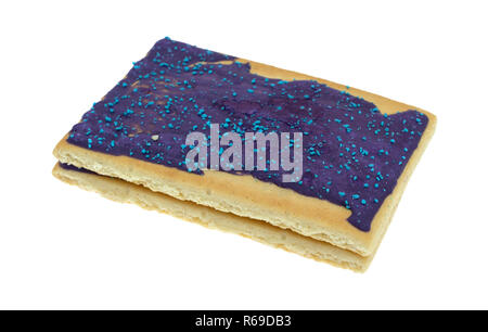 Side view of two purple icing toaster pastries isolated on a white background. Stock Photo