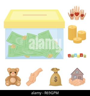 Charity and donation cartoon icons in set collection for design. Material aid vector symbol stock  illustration. Stock Vector