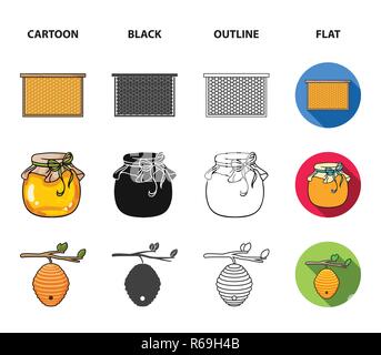A frame with honeycombs, a ladle of honey, a fumigator from bees, a jar of honey.Apiary set collection icons in cartoon,black,outline,flat style vecto Stock Vector