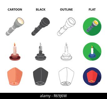 Searchlight, kerosene lamp, candle, flashlight.Light source set collection icons in cartoon,black,outline,flat style vector symbol stock illustration  Stock Vector