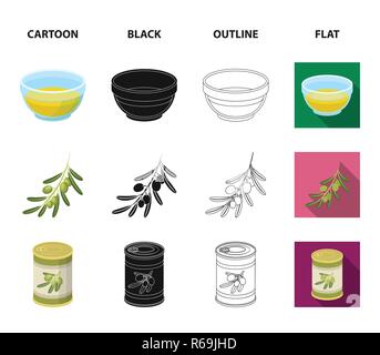 An olive tree, a branch with olives, a vessel and a jug of oil. Olives set collection icons in cartoon,black,outline,flat style vector symbol stock il Stock Vector