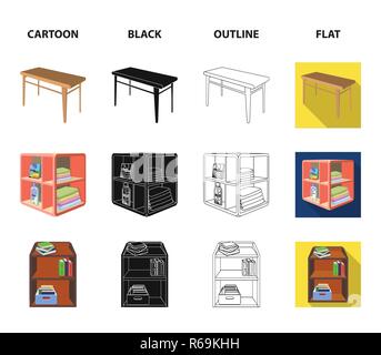 Soft sofa, toilet make-up table, dining table, shelving for laundry and detergent. Furniture and interior set collection icons in cartoon,black,outlin Stock Vector