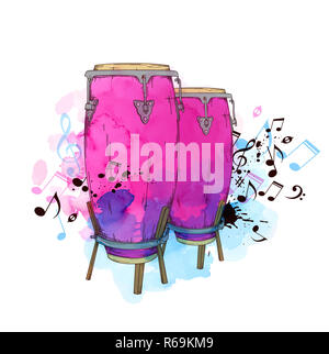 Music notes and drums on watercolor background. Stock Photo