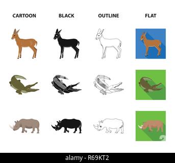 lama, ostrich emu, young antelope, animal crocodile. Wild animal, bird, reptile set collection icons in cartoon,black,outline,flat style vector symbol Stock Vector