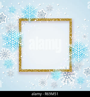 Christmas background with golden glittering frame and blue snowflakes. New year greeting card. Stock Photo