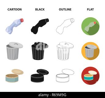 Broken light bulb, used batteries, breaking a plastic bottle, garbage can with a sign.Garbage and trash set collection icons in cartoon,black,outline, Stock Vector