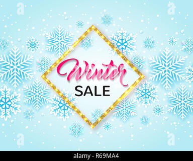 Golden glittering winter frame with white snowflakes on a blue background. Design for seasonal Christmas sale Stock Photo