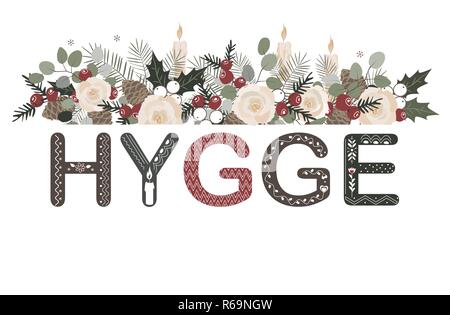 Hygge lettering with floral Christmas composition in cozy doodle style. Stock Vector