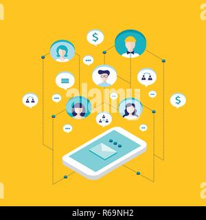 Social network communication Isometric concept  illustration People user avatars and speech bubbles Vector illustration Stock Vector