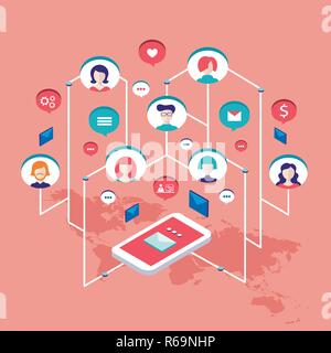 Social network communication Isometric concept  illustration People user avatars and speech bubbles Vector illustration Stock Vector