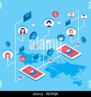 Social network communication Isometric concept  illustration People user avatars and speech bubbles Vector illustration Stock Vector