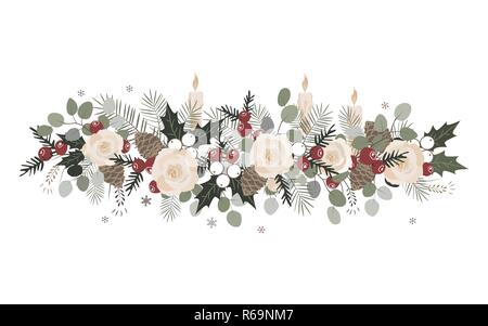 Vector Christmas border with fir branches, beriies, roses, ilex and cones. Decoration design element. Stock Vector