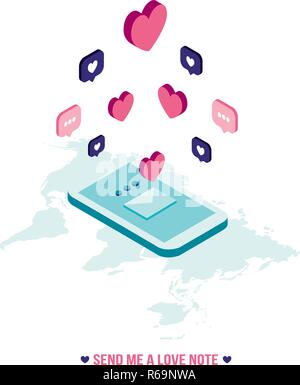 Isometric phone with hearts St Valentines Day love notes Vector illustration Stock Vector
