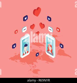 People messaging on St Valentines day Modern isometric flat style Social network and communication concept Vector illustration Stock Vector