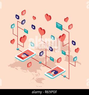People messaging on St Valentines day Modern isometric flat style Social network and communication concept Vector illustration Stock Vector