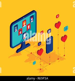 Social network and technology concept Modern flat isometric design Vector illustration Stock Vector