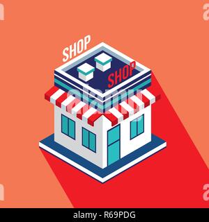 Flat isometric building icon of the store Shop Shopping and e-commerce concept Vector illustration Stock Vector