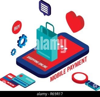 Flat 3d isometric modern design Mobile payment Online shopping and e-commerce concept Vector illustration Stock Vector
