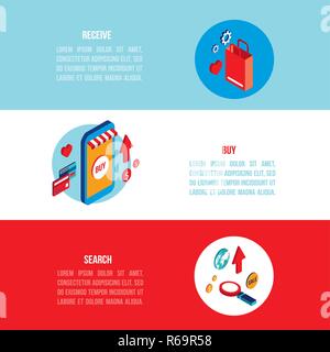 Flat 3d isometric modern design Online shopping and e-commerce banner set Stock Vector