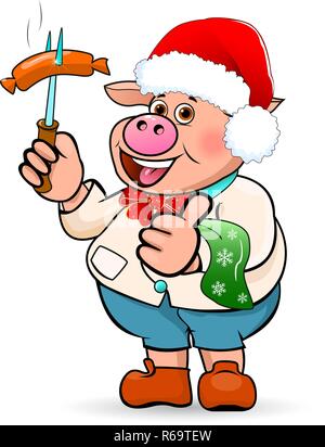 Cartoon pig in a hat Santa Claus holding a sausage barbecue in his hand. Stock Vector