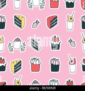 Cute food cake muffin cupcake strawberry delicious dessert seamless pattern Vector illustration Stock Vector