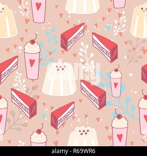 Hand drawn seamless background pattern Delicious dessert food Pudding Cake Vector illustration Stock Vector