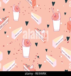Delicious dessert food seamless background pattern Cakes and milkshakes Vector illustration Stock Vector