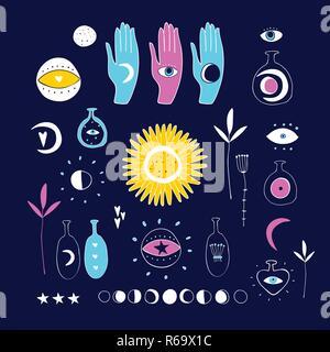 Set of hand drawn esoteric mystic magical spiritual elements Sacred signs and symbols Third eye Sun Moon phase Witchcraft herbs Jars Bottles Colorful  Stock Vector