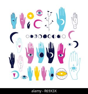 Hands Third eye Hearts Moon phases Sun Stars Herbs Hand Drawn design elements collection Spiritual magical esoteric mystic colorful signs symbols isol Stock Vector