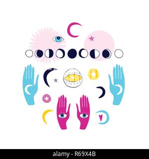 Magical doodle set Hands with esoteric mystic spiritual elements isolated on white background Sacred signs and symbols collection Third eye Sun Moon W Stock Vector