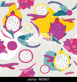 Exotic colorful tropical fruits Dragon fruit Pitaya Pitahaya Flowers and leaves Seamless background pattern Unique hand drawn stylish design Stock Vector