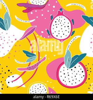 Exotic colorful tropical fruits Dragon fruit Pitaya Pitahaya slices Flowers and abstract elements Seamless background pattern Unique hand drawn stylis Stock Vector