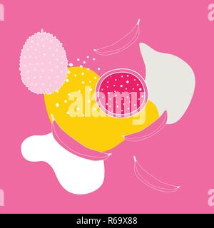 Stylish colorful background with abstract elements polka dots and exotic fruits Jackgruit Banana Dragon fruit slice Pink yellow white colors Summer th Stock Vector