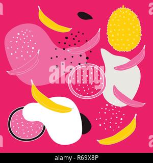 Colorful abstract seamless background pattern with tropical fresh fruits Dragon fruit Pitaya Pitahaya slice Jackfruit Banana Polka dots Circle shapes  Stock Vector