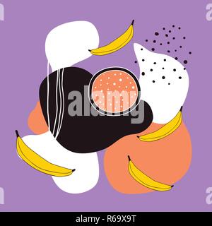 Stylish background with abstract elements polka dots and exotic fruits Jackgruit Banana Dragon fruit slice Black white grey orange purple colors Stock Vector